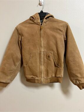 Carhartt Youth Hooded Jacket Brown Canvas Duck Quilted Lined Size Large 10-12